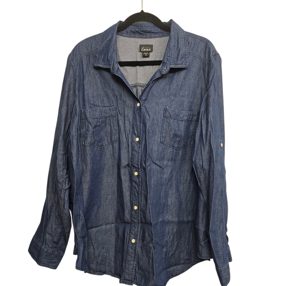 Simply Emma Womens 2X Blue Chambray Shirt Button Front Roll Tab Casual Coastal